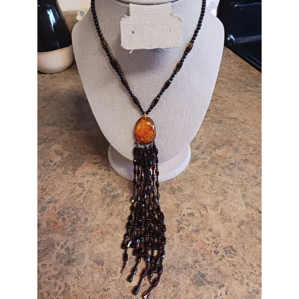 Vintage Amber Tassel Necklace Beaded Fringe Statement Boho Jewelry